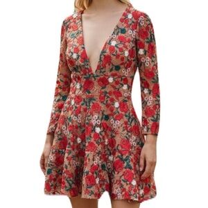 Lovers + Friends Womens Large Red Floral Embroidered Deep V Neck Vira Mini Dress